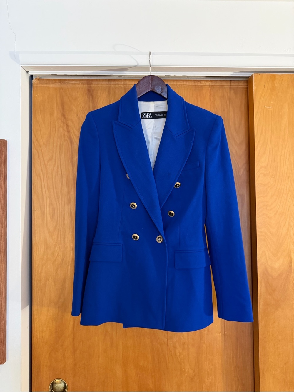 Zara Women's Cobalt Double-Breasted Blazer with Gold Buttons